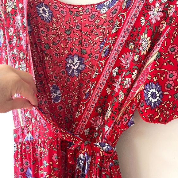 Maxi Dress Red Wrap V Neck Short Sleeve Front Split Summer Floral Belted, Size S - Picture 8 of 10